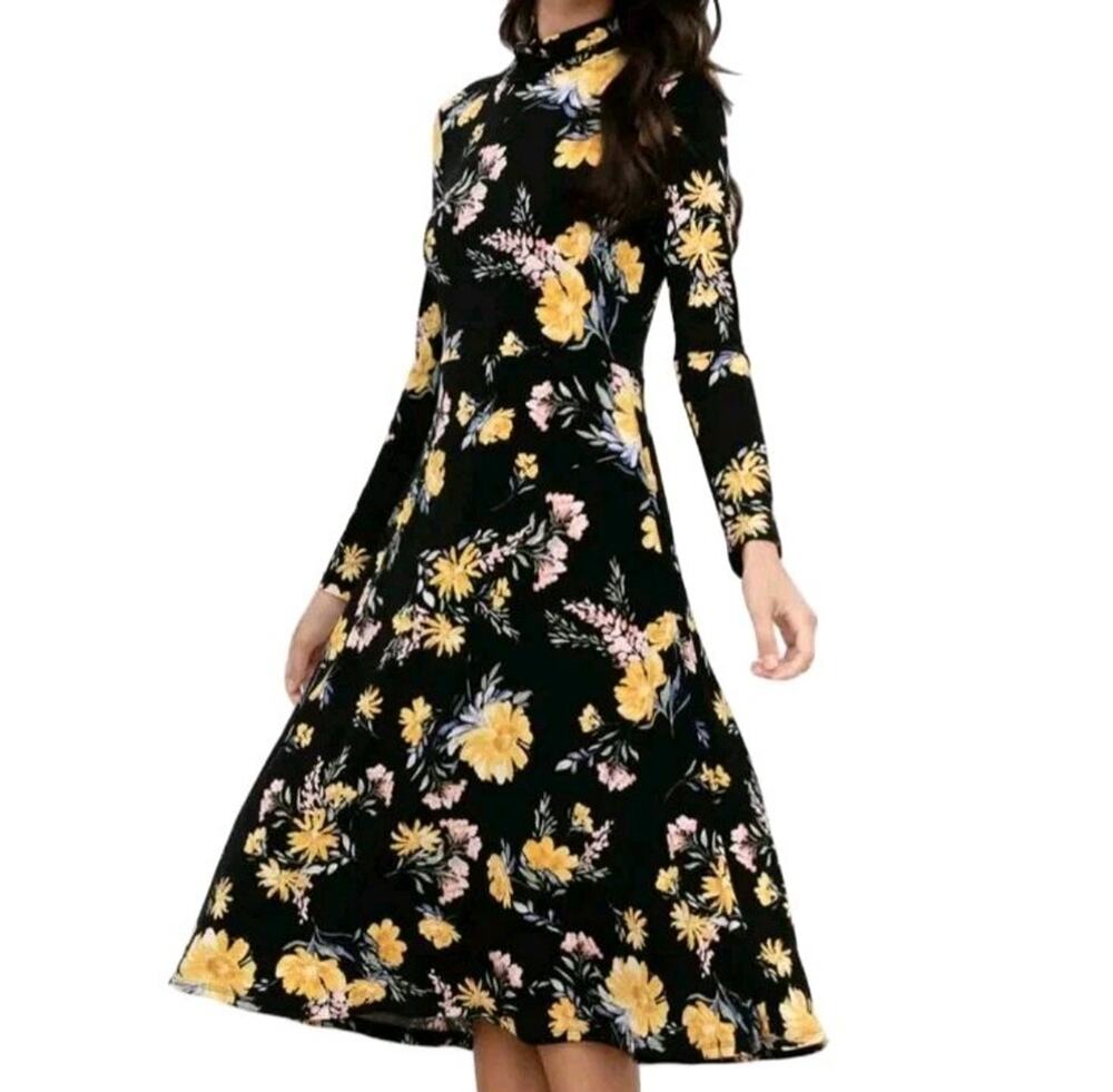 Yumi Kim Stargaze Dress Love Is King Black Floral Mock Neck Long Sleeve Midi M